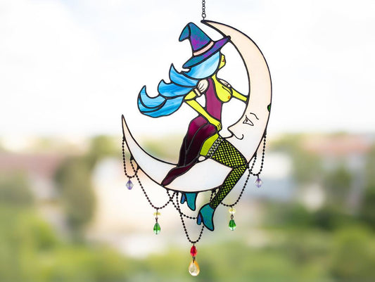 Witch on moon stained glass window hangings