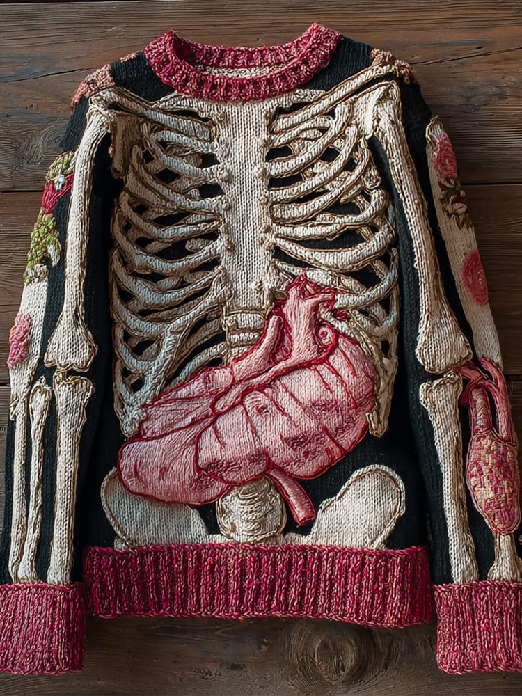 Vintage Halloween Skeleton Art Embroidered Cozy Sweater