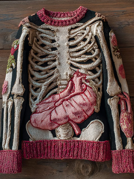Vintage Halloween Skeleton Art Embroidered Cozy Sweater