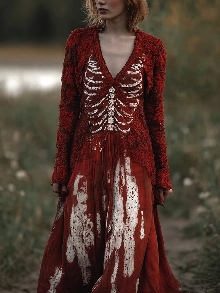 Halloween Skeleton Blood Stain Inspired Spooky Maxi Dress