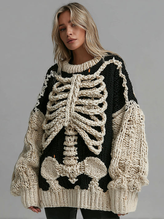 Women's Skeleton Embroidery Art Crew Neck Cozy Sweater
