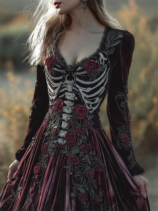 Vintage Skeleton Red Roses Cozy Velvet Maxi Dress