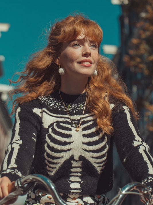Retro Halloween Skeleton Art Knit Cozy Sweater