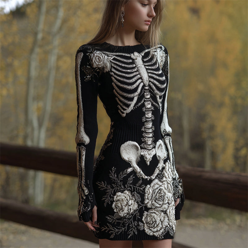 Classy White Roses Skeleton Glitter Beaded Cozy Knit Sweater Dress