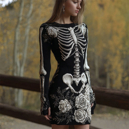 Classy White Roses Skeleton Glitter Beaded Cozy Knit Sweater Dress