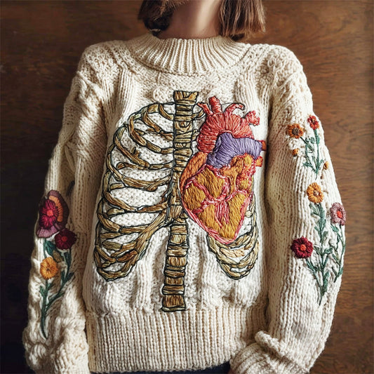 Vintage Anatomy & Heart Embroidery Women's Knit Crew Neck Sweater