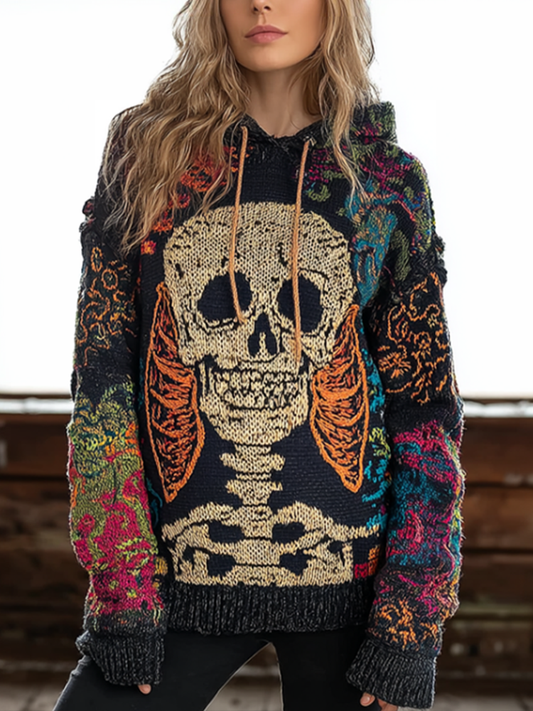 Halloween Skeleton Bone Pattern Design Women's Knit Hooded Sweater