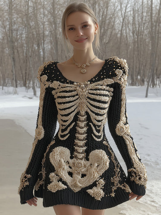 Women's Halloween Skeleton Anatomy Art Crew Neck Knit Maxi Dress