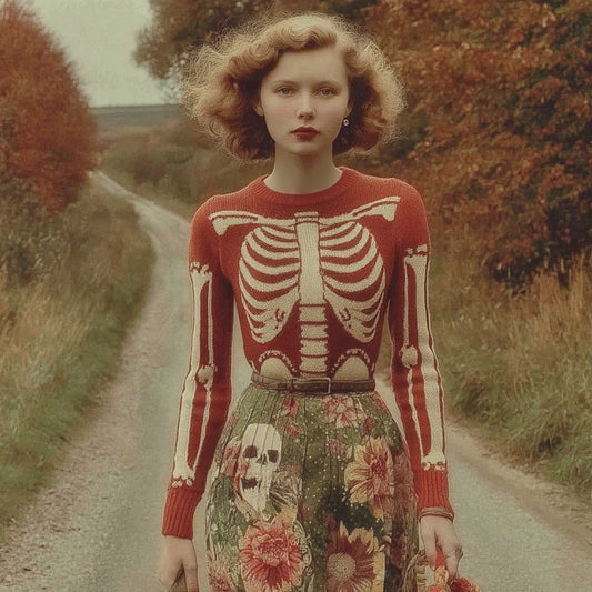 Women's Vintage Skull Ribs Pattern Cozy Knit Sweater