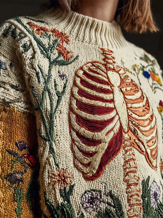Vintage Anatomy & Floral Embroidery Women's Knit Crew Neck Sweater