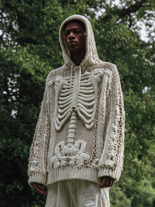 Men's Vintage White Skeleton Crochet Cozy Hooded Sweater