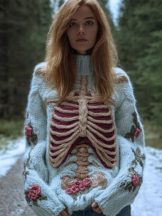 Female Anatomy Art And Flower Vintage Coarse Needle High Collar Sweater