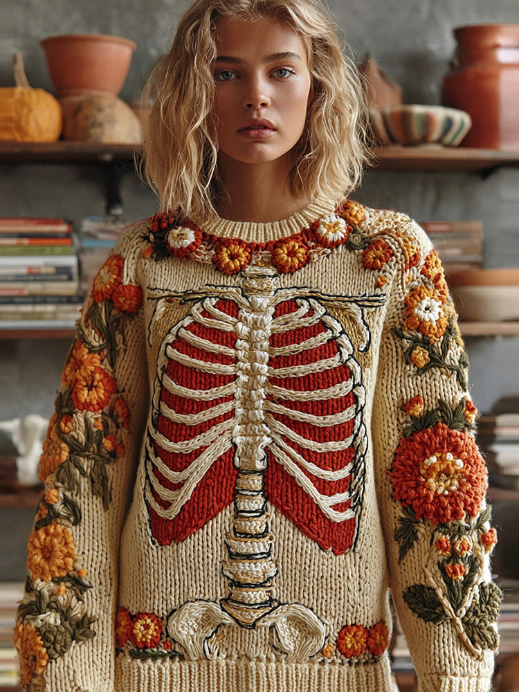Classic Halloween Skeleton Bones With Floral Art Chunky Knitted Sweater