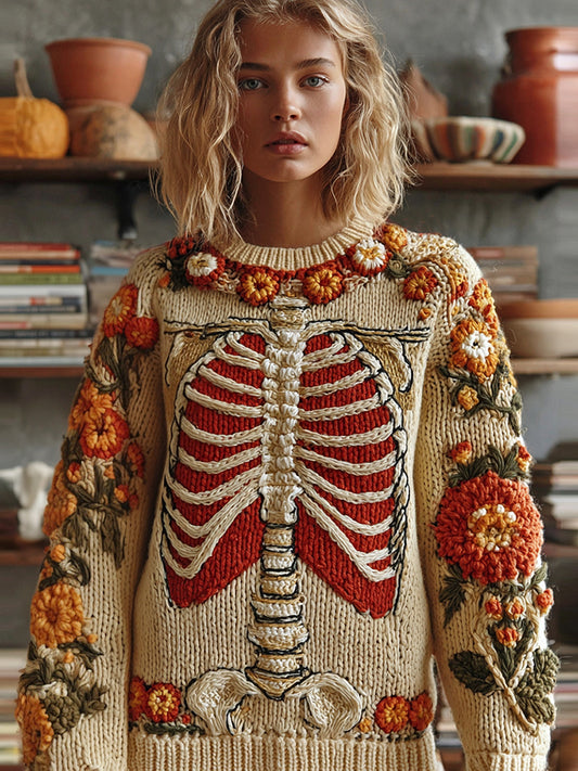 Classic Halloween Skeleton Bones With Floral Art Chunky Knitted Sweater