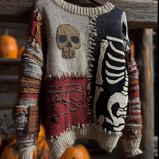 Halloween Skeleton Man Pattern Knit Round Neck Sweater
