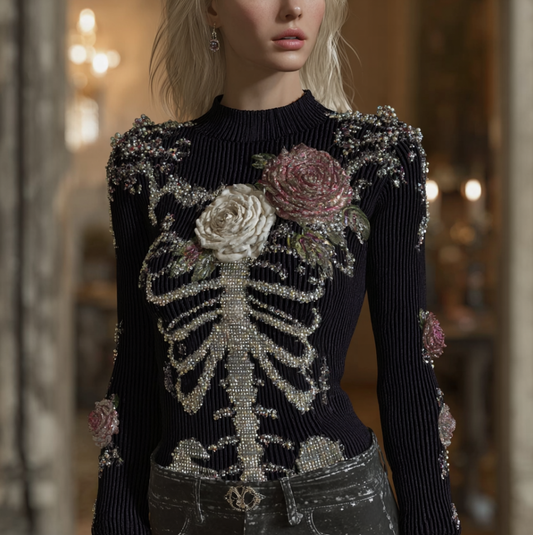 Halloween Human Anatomy Style Bone Pattern And Flower Pattern Combined Design Women's Round Neck Knit Sweater