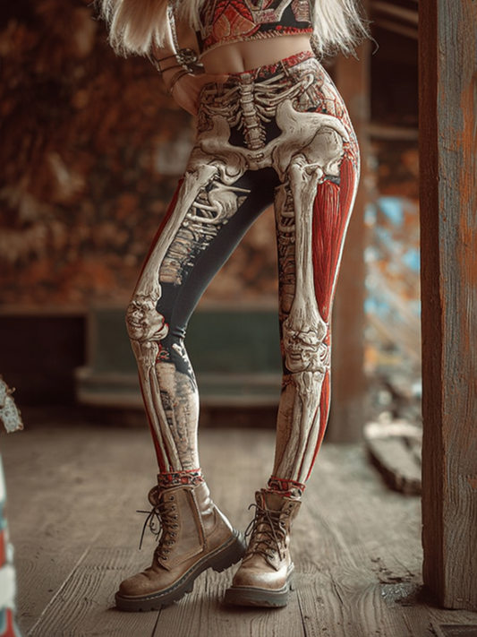 Halloween Theme Skeleton And Human Bone Pattern Women's Tight-fitting Leggings
