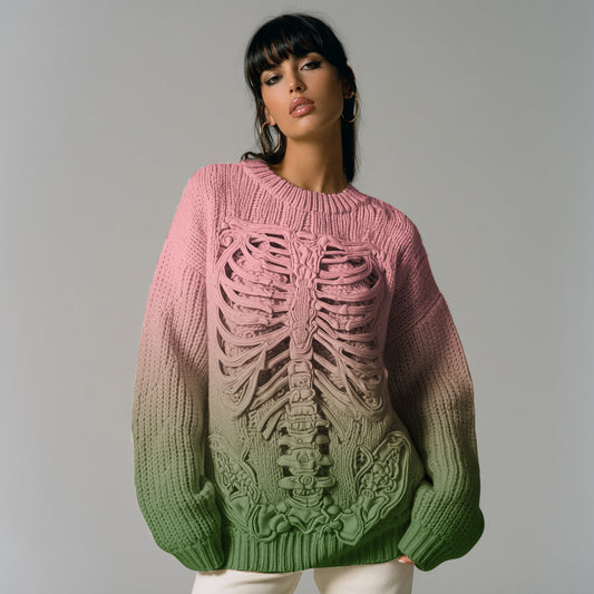 Vintage Halloween Anatomy Skeleton Bones In Gradient Art Chunky Knitted Sweater