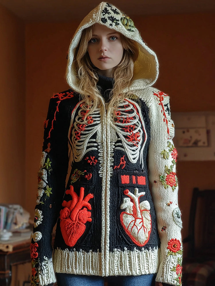 Women's Skull Rib Flower Embroidery Art Cozy Knit Zip Up Hooded Sweater