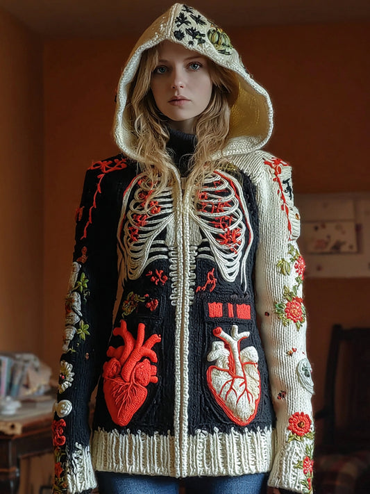 Women's Skull Rib Flower Embroidery Art Cozy Knit Zip Up Hooded Sweater