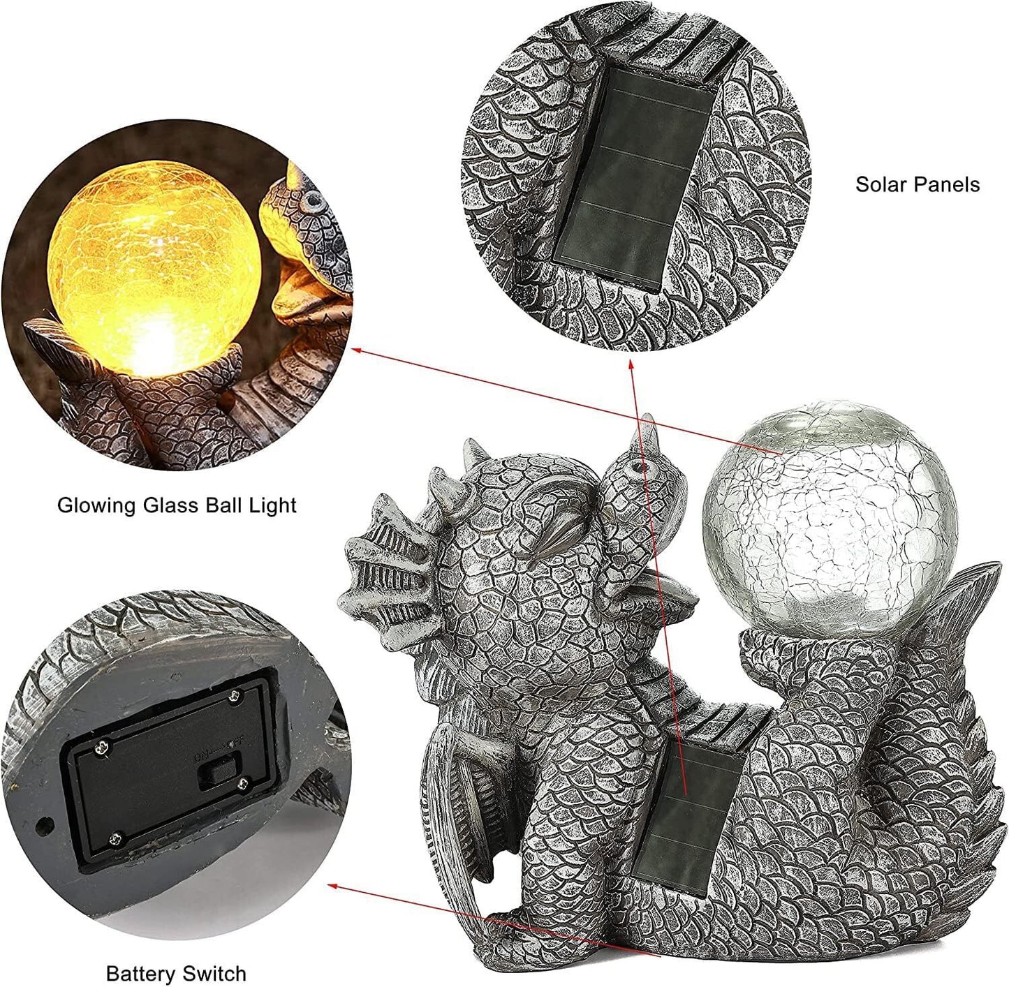 Garden Dragon Statues - Adorable Baby Resin Dragon Holding Magic Orb with Solar LED Lights