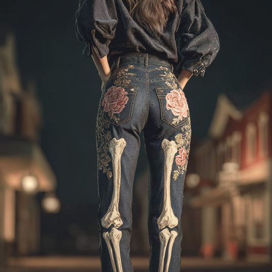 Halloween Vintage Skull Rose Embroidered Jeans