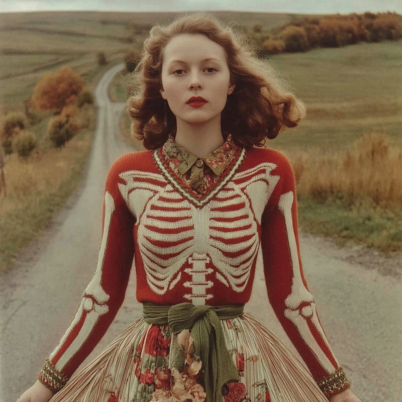 Women's Vintage Skull Rib Art V Neck Knit Pullover Sweater