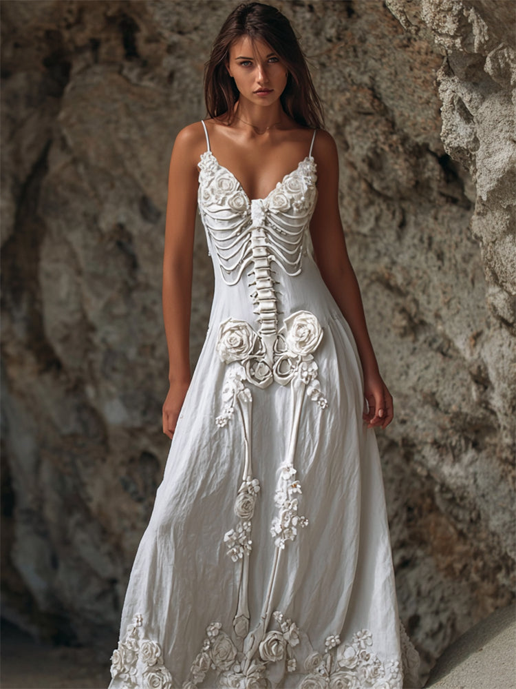 Vintage Skeleton White Roses Linen Cami Maxi Dress