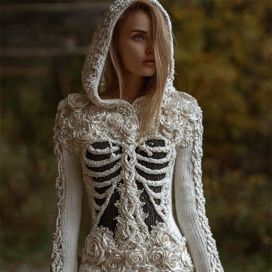 Elegant White Roses Beaded Skeleton Hooded Cozy Knit Sweater