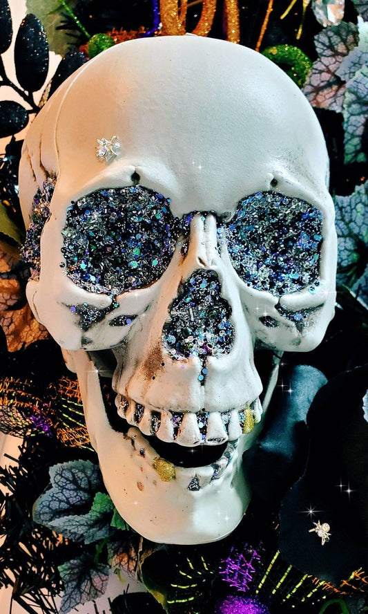 Skull wreath, halloween wreath, skull decor, skeleton wreath, halloween decor, spooky wreath, bling halloween wreath, glam halloween wreath