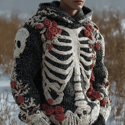 Halloween Human Anatomy Style Bone Pattern And Flower Pattern Combined Design Men's Hooded Knit Sweater