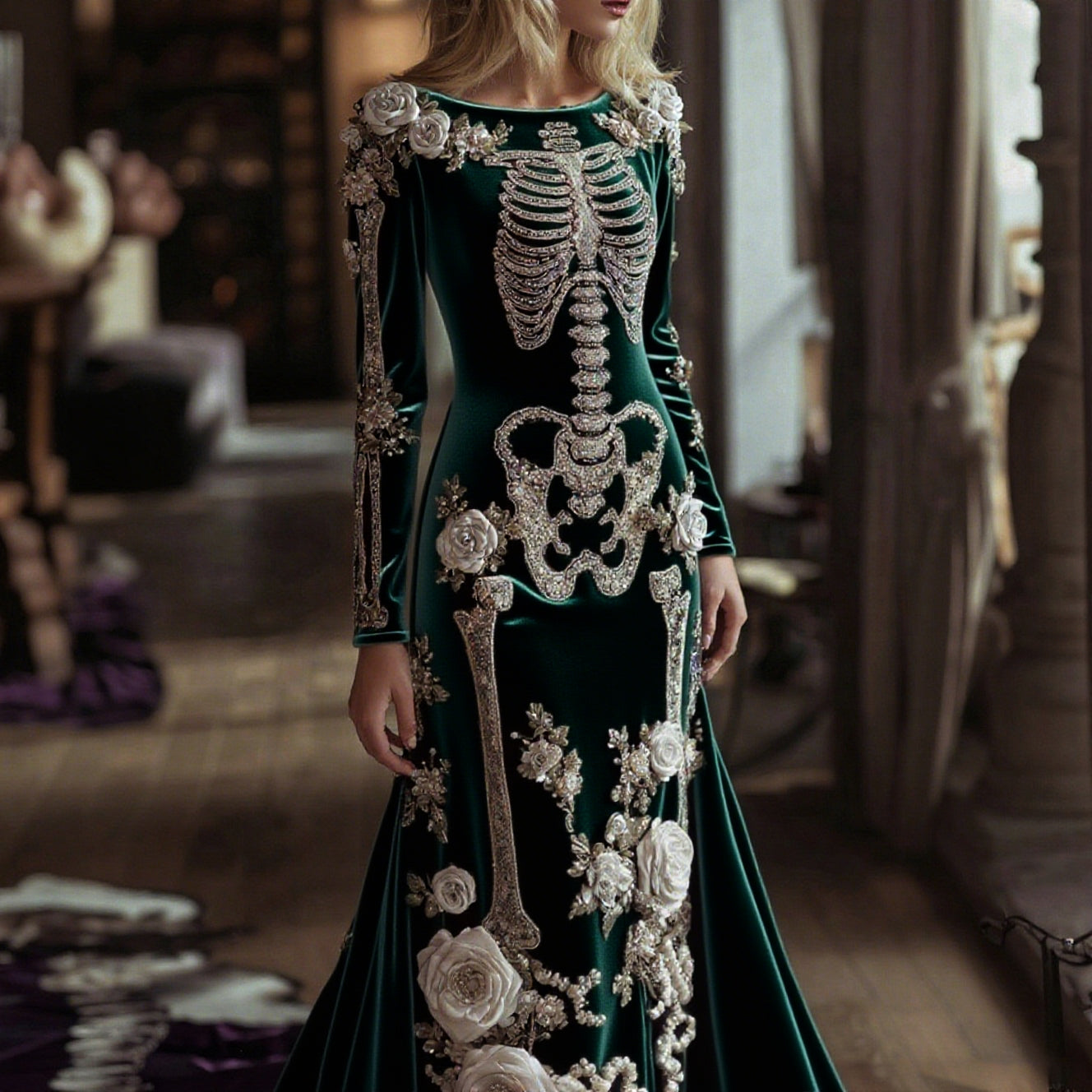 Women's Halloween Dark Gothic Rose Skeleton Velvet Round Neck Maxi Dress