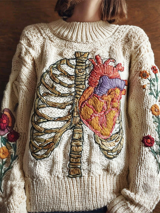 Vintage Anatomy & Heart Embroidery Women's Knit Crew Neck Sweater