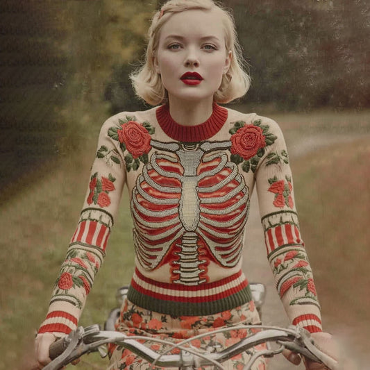 Vintage Halloween Skeleton Bones With Rose Art Chunky Knitted Sweater