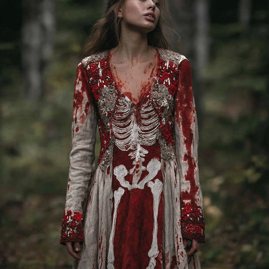 Vintage Skeleton Blood Stain Inspired Spooky Maxi Dress