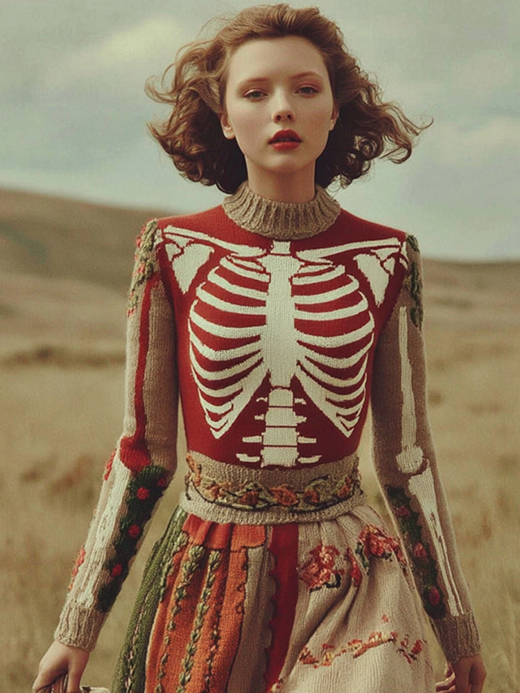 Women's Halloween Skull Rib Art Knit Pullover Sweater