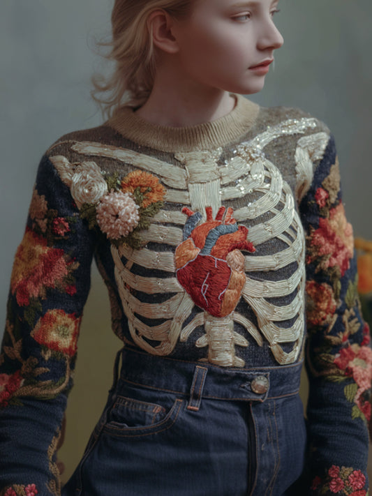 Women's Halloween Human Anatomy Art Flower Knitted Round Neck Sweater