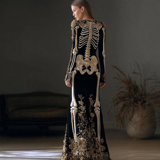 Halloween Retro Anatomy Art And Flower Velvet Long Dress