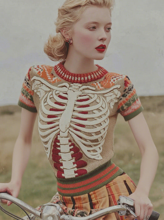 Vintage Halloween Anatomy Art Short Sleeve Chunky Knitted Sweater