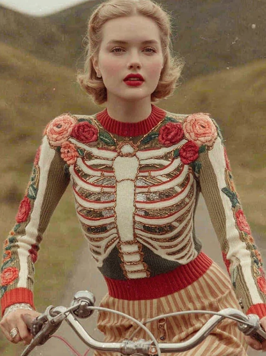 Classic Halloween Skeleton Bones With Rose Art Chunky Knitted Sweater