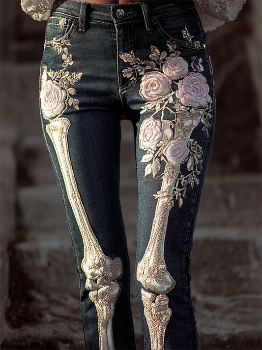 Skeleton Pink Roses Beaded Embroidered Washed Jeans