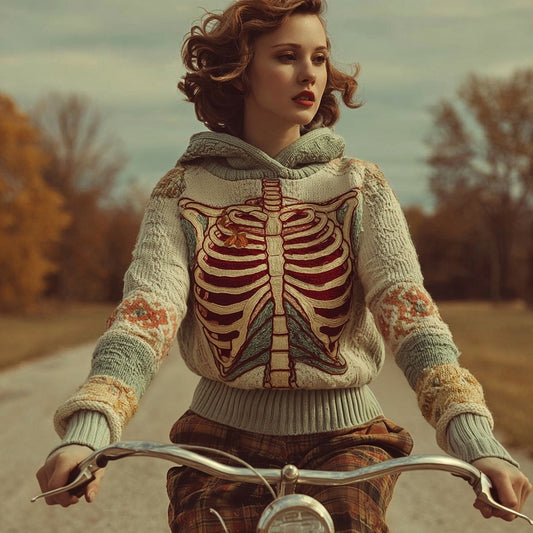 Vintage Halloween Skeleton Art Knit Cozy Hooded Sweater