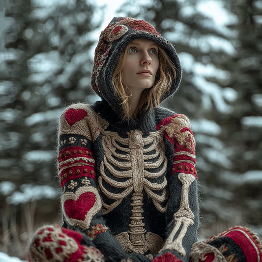 Halloween Skeleton Bone Pattern Design Women's Knit Hooded Sweater
