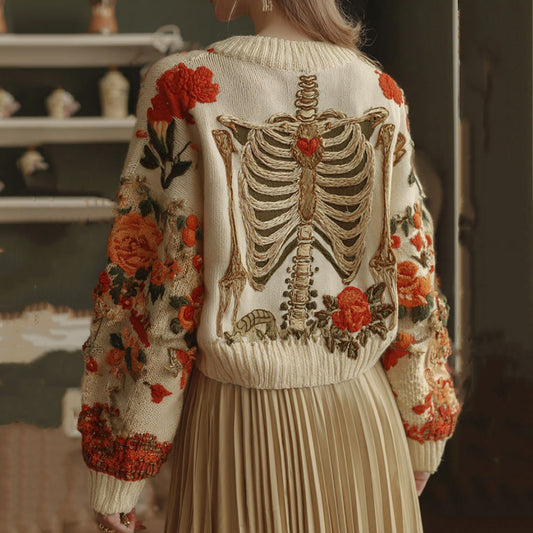 Women's Skeleton & Floral Embroidery Art Crew Neck Cozy Sweater