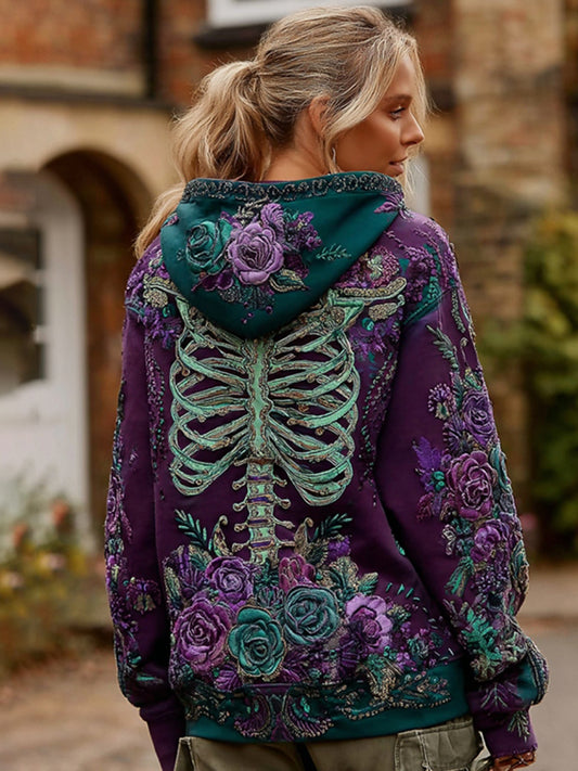 Vintage Floral Anatomy Chunky And Skeleton Casual Hooded