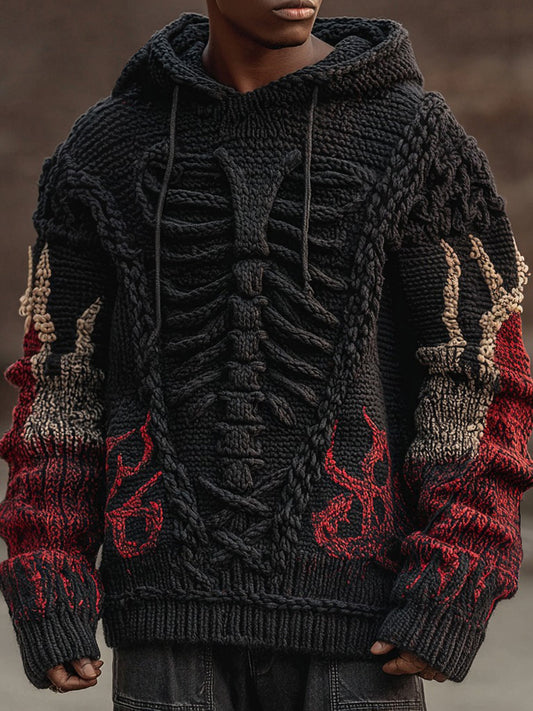 Halloween Skeleton Flame Inspired Jacquard Knit Hooded Sweater
