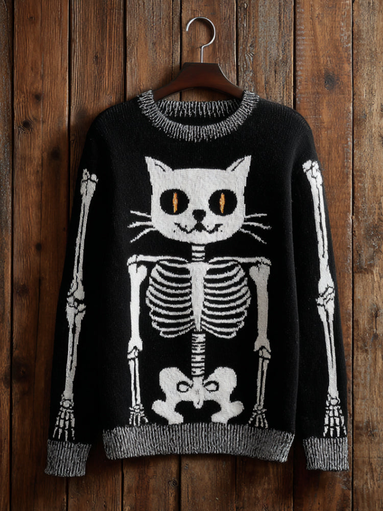 Halloween Cat Skull Art Black Round Neck Sweater