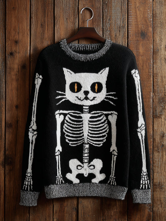 Halloween Cat Skull Art Black Round Neck Sweater