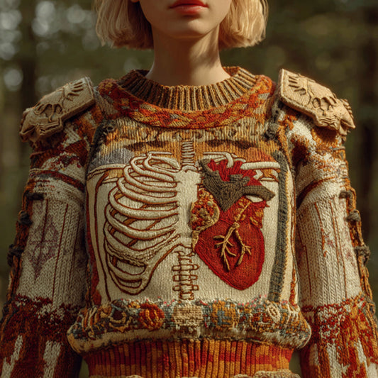 Vintage Halloween Human Anatomy Art Sense Thick Needle Round Neck Sweater