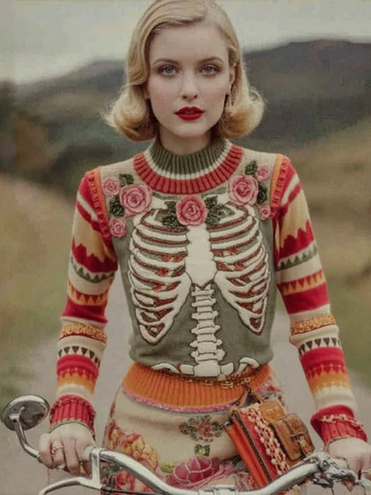 Vintage Halloween Skeleton Bones With Pink Rose Art Chunky Knitted Sweater
